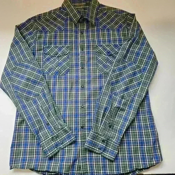 Mens Kenneth Cole Reaction Blue Green Black Plaid W Western Snaps - Sz L - Picture 3 of 8